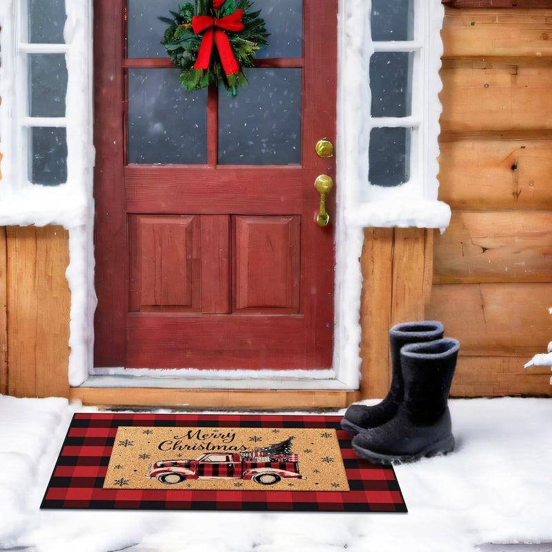 Fourluoo 2 Pcs Christmas Front Porch Rug Buffalo Plaid Christmas Door Mat Imitation Coco Coir Red Truck Xmas Welcome Layering Rug for Outdoor Winter Home Festival Holiday Decor, 28 x 43 Inch - Image 3